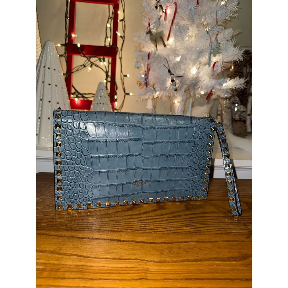Valentino Rockstud Clutch Wristlet Light Blue Croc Embossed Leather Gold‎ Studs